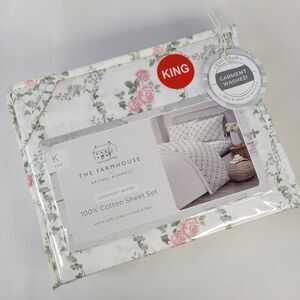 Shabby Chic 4pc KING Sheets Set White Green Vines Pink Roses Cotton Farmhouse